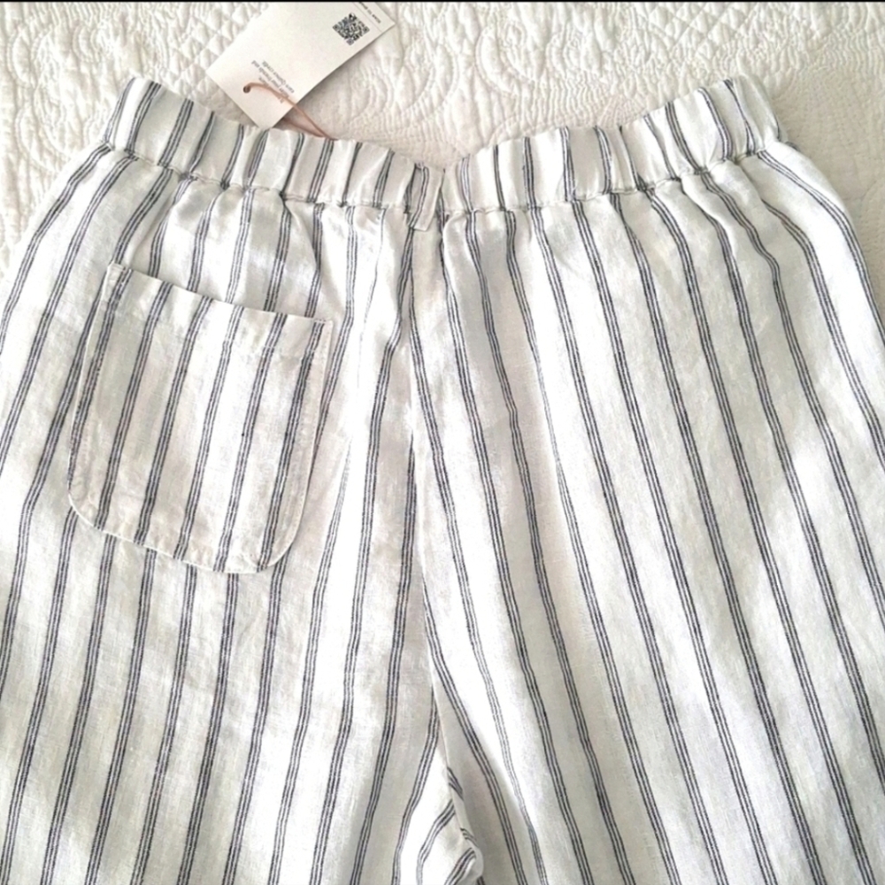 Quince S NWT 100% Linen Striped Pants Tapered Ankle Cream Black - Picture 4 of 7